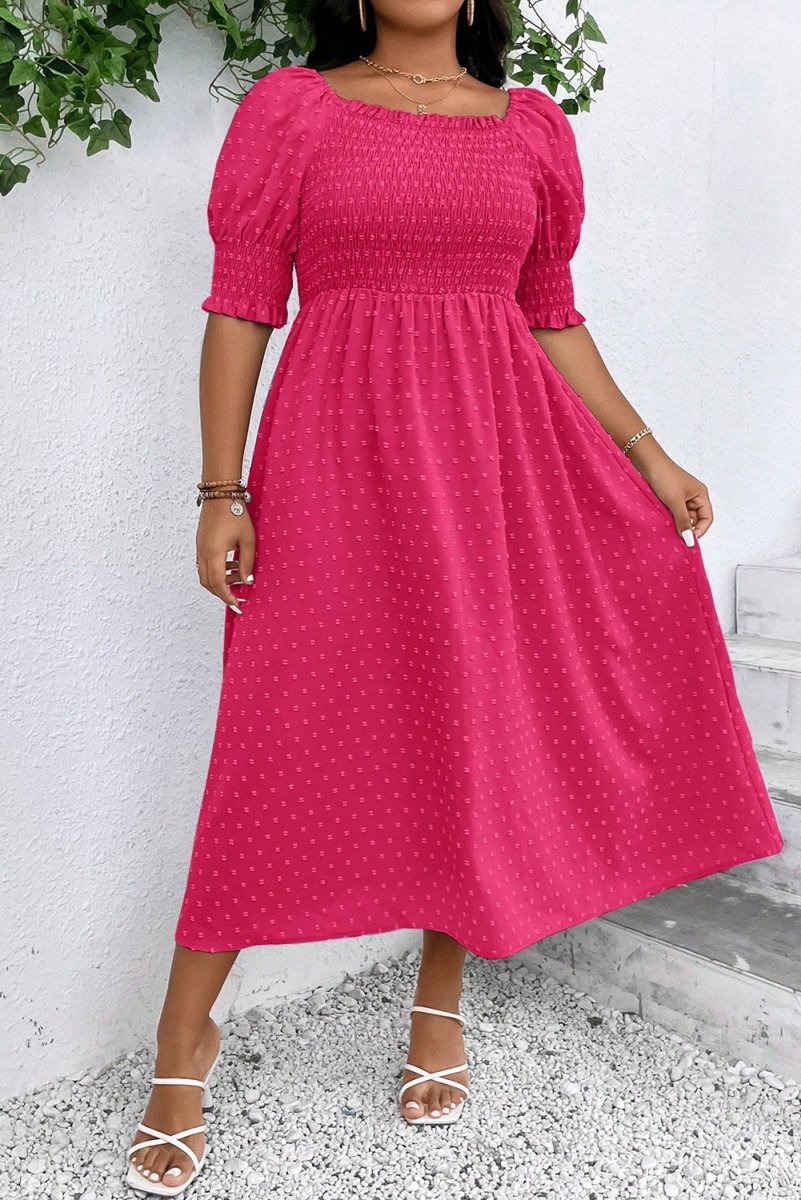 Sachet Pink Swiss Dot Smocked Frilled Neckline Plus Size Dress - Love Salve